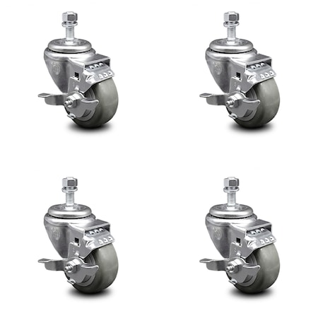 Service Caster 3.5 Inch Gray Polyurethane Swivel 12mm Threaded Stem Caster Set with Brake SCC-TS20S3514-PPUB-TLB-M1215-4
